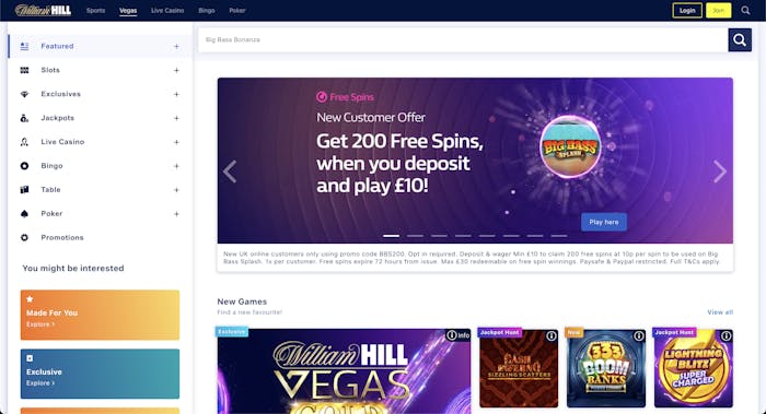 The main lobby at William Hill Vegas shows that new players in the UK can get 200 free spins for Big Bass Splash when depositing £10 and entering the bonus code BBS200