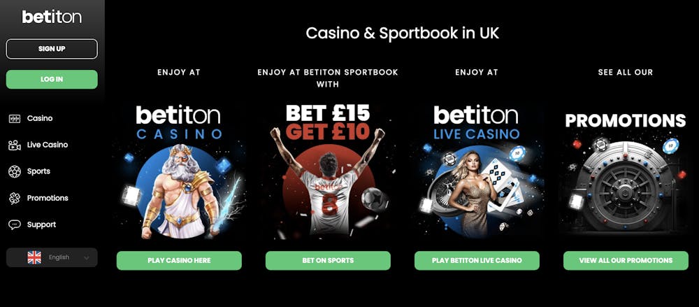 Betiton's main lobby directs players towards its casino, sportsbook and promotion sections