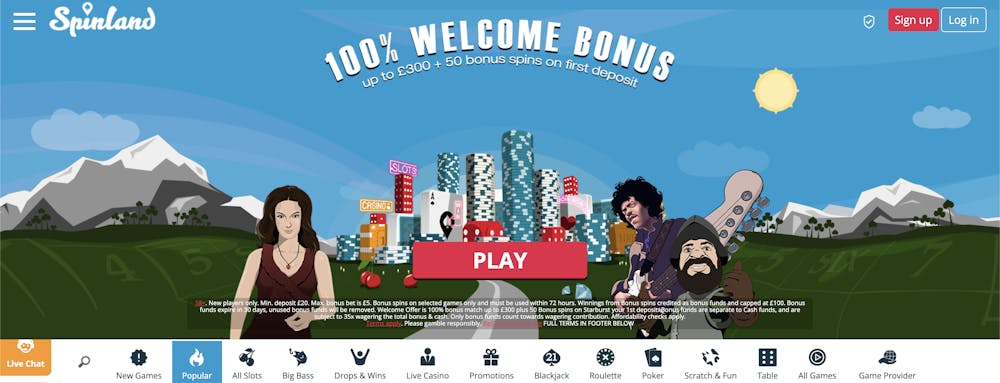 The Spinland Casino lobby shows that new players can grab a 100% bonus up to £300 plus 50 free spins