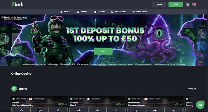 The spooky themed 7bet Casino lobby shows that new players can grab a 1st deposit bonus of £50
