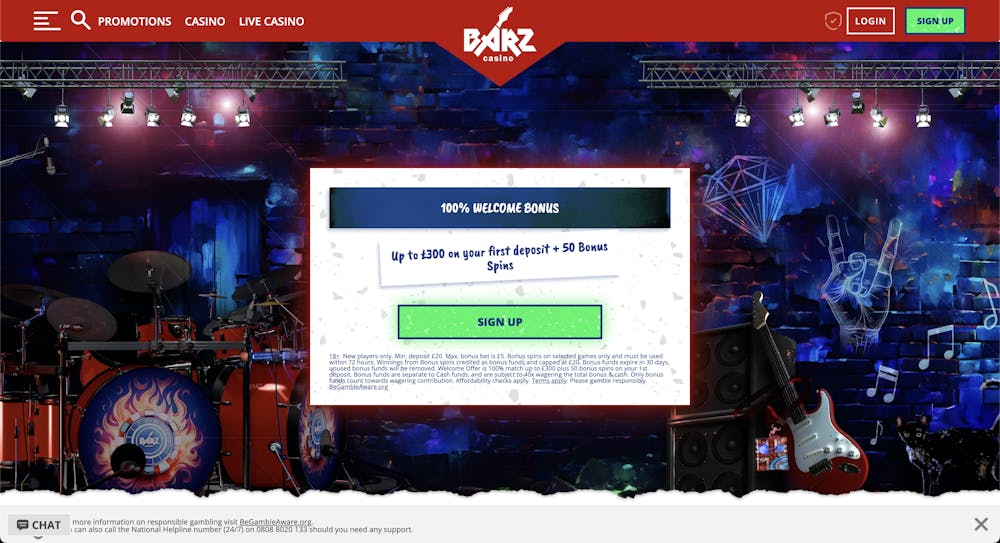 The rock-themed main lobby at Barz Casino shows that new UK players can claim a 100% welcome bonus up to £300 and 50 free spins