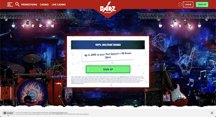 The rock-themed main lobby at Barz Casino shows that new UK players can claim a 100% welcome bonus up to £300 and 50 free spins