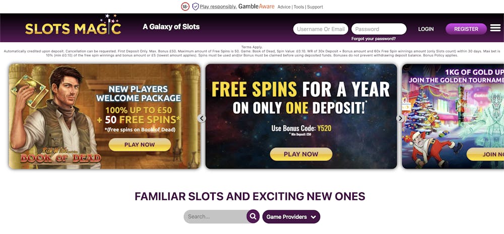 The main lobby at SlotsMagic Casino UK shows plenty of promotions for new players