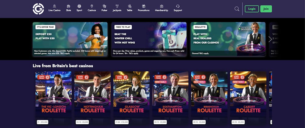 The main lobby at Grosvenor Casino Online shows a slick interface and plenty of games for UK players