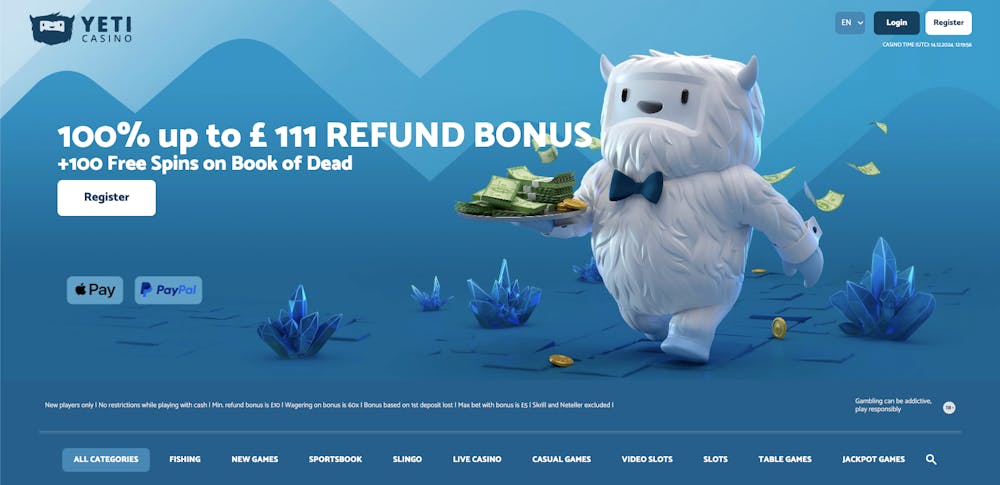 The main lobby at Yeti Casino shows the mascot with a tray of money in an icy environment