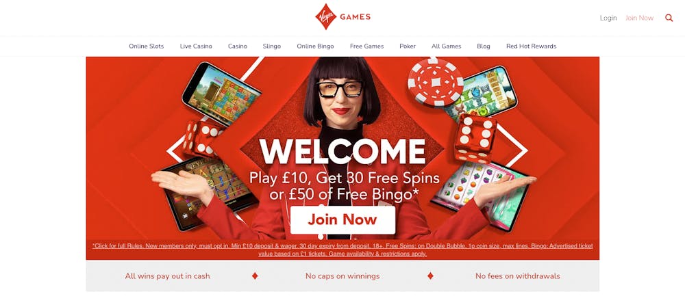 The main lobby of Virgin Games Casino shows a stern woman on a red background offering new players in the UK a casino or bingo welcome bonus