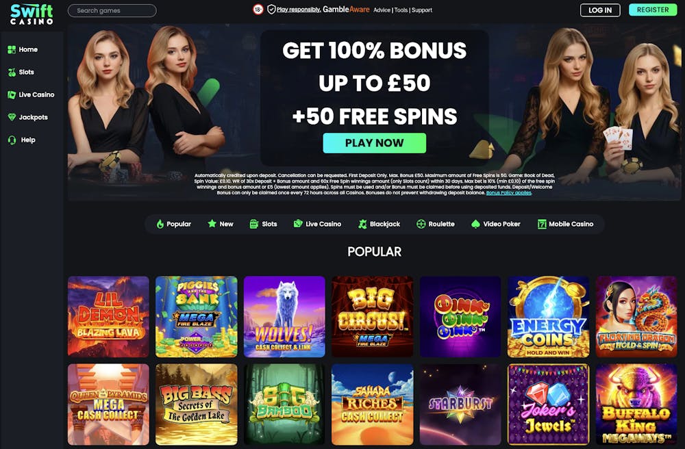 The main lobby at Swift Casino in the UK shows the 100% welcome bonus up to £50, live dealers in the background and a selection of popular slots