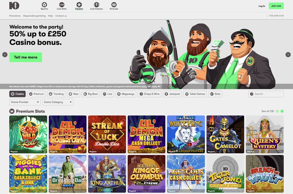 The 10bet Casino lobby shows that new players in the UK can claim a welcome bonus of 50% up to £250
