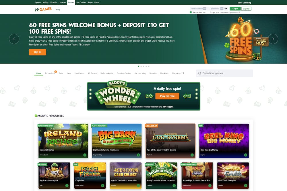 The Games Lobby at Paddy Power Casino shows a UK welcome bonus of 60 no-wager free spins