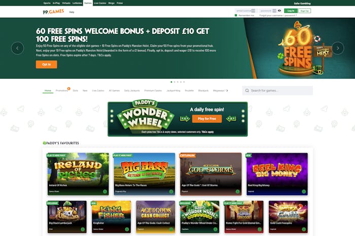 The Games Lobby at Paddy Power Casino shows a UK welcome bonus of 60 no-wager free spins