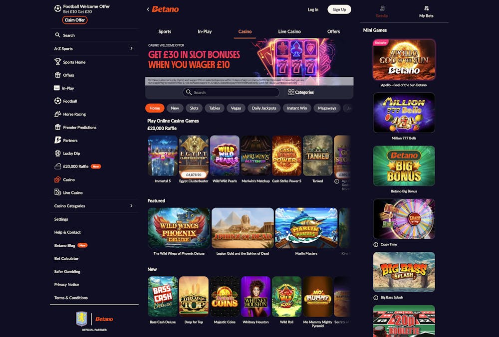 The Betano casino lobby shows featured games and a 100% match deposit bonus up to £100 and 20 free spins on Big Bass Bonanza
