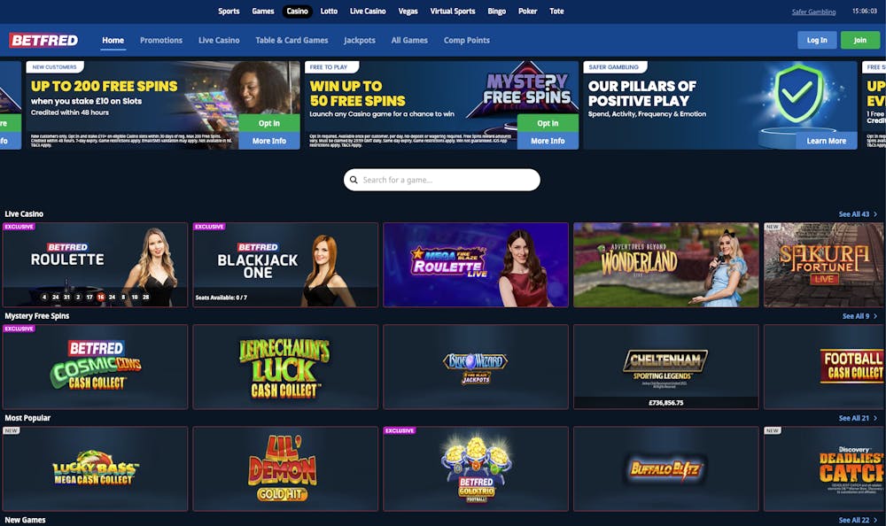 The casino lobby at Betfred shows a wide variety of top-tier slots and other games