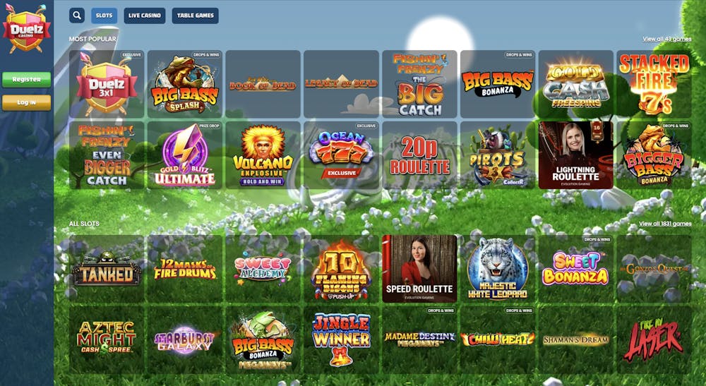 The Slots lobby at Duelz Casino shows popular titles like the exclusive Duelz 3x1, Big Bass Splash and Book of Dead