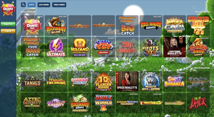 The Slots lobby at Duelz Casino shows popular titles like the exclusive Duelz 3x1, Big Bass Splash and Book of Dead
