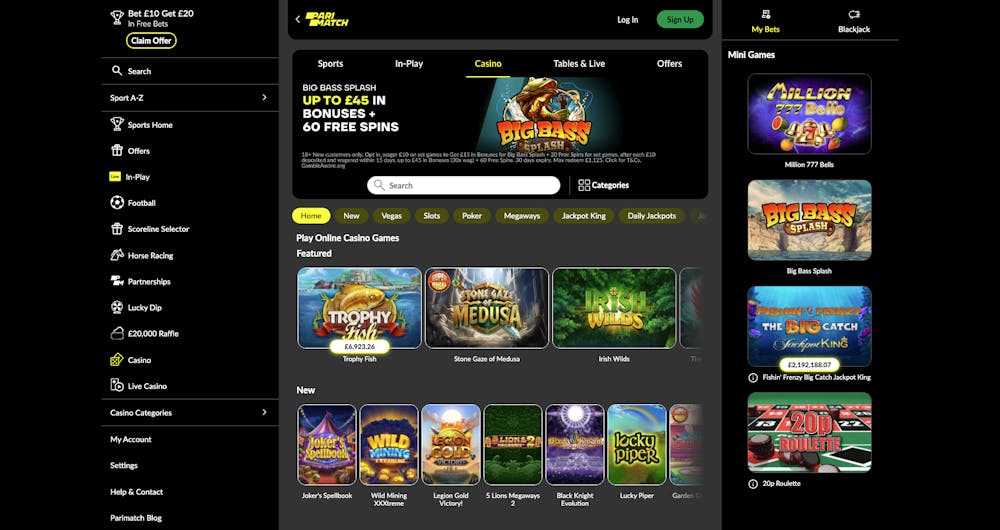 The Parimatch Casino lobby shows a wide variety of games and a £45 welcome bonus for UK players