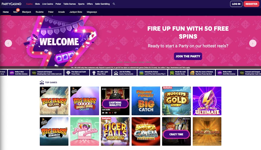 The main lobby at PartyCasino shows new UK players can grab 50 free spins for selected slots