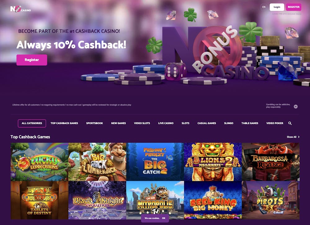 The simple lobby at No Bonus Casino proudly displays the message 