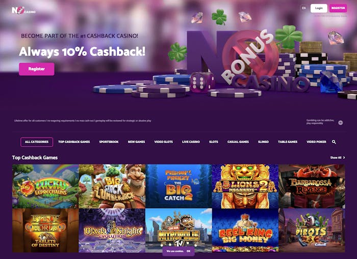 The simple lobby at No Bonus Casino proudly displays the message that you'll always receive 10% cashback!