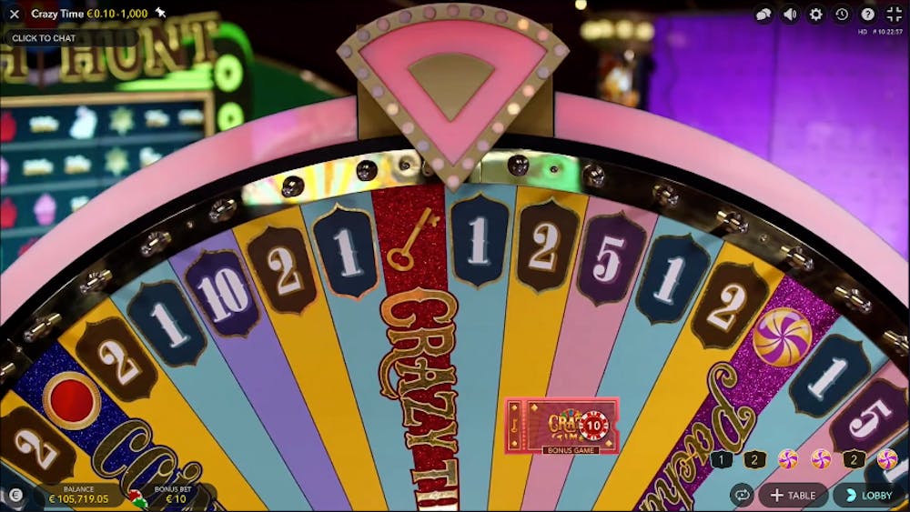 Crazy Time wheel landing on bonus round