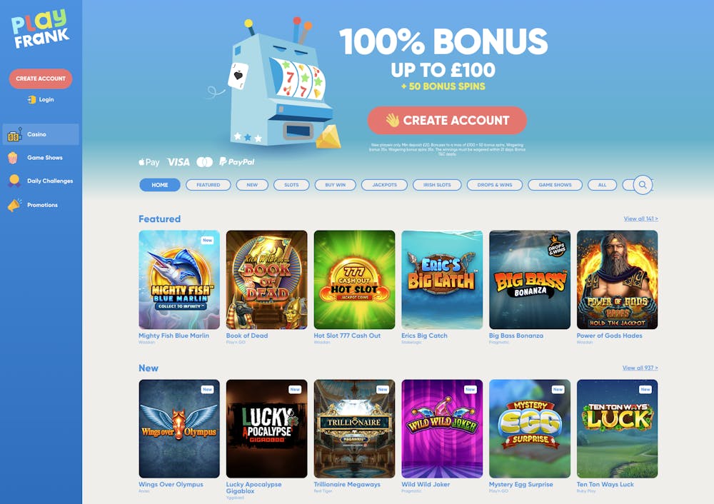 The main lobby at PlayFrank Casino shows a 100% bonus up to £100 for UK players and a selection of the top games