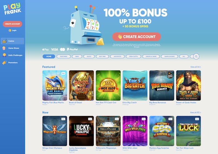 The main lobby at PlayFrank Casino shows a 100% bonus up to £100 for UK players and a selection of the top games