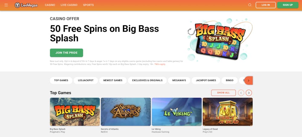 The main lobby at LeoVegas Casino shows the 50 free spins welcome bonus and a selection of popular games