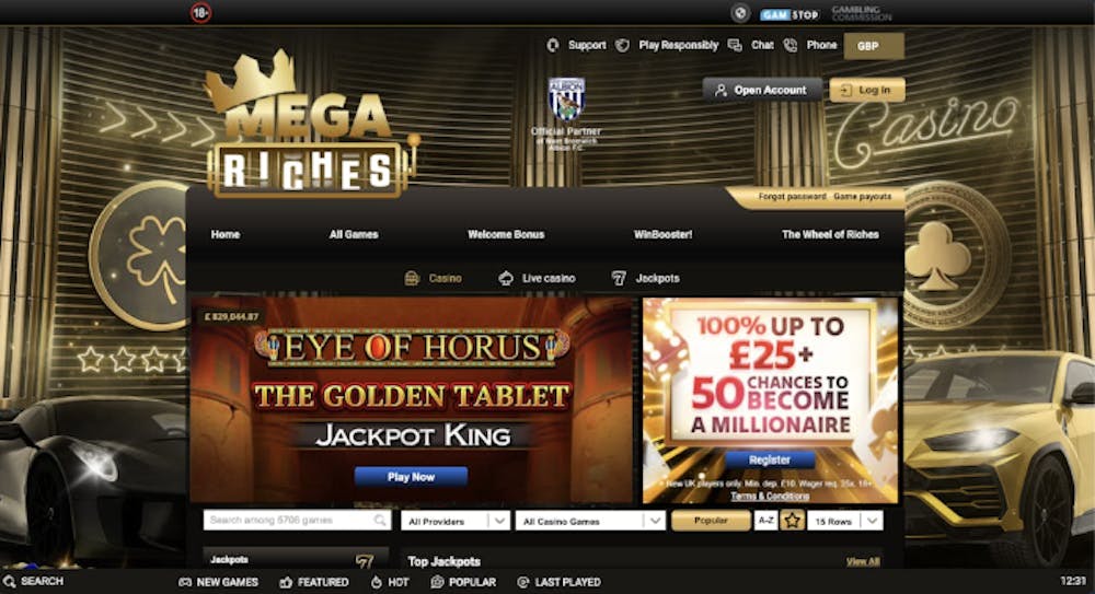 Mega Riches homepage with Welcome Bonus offer
