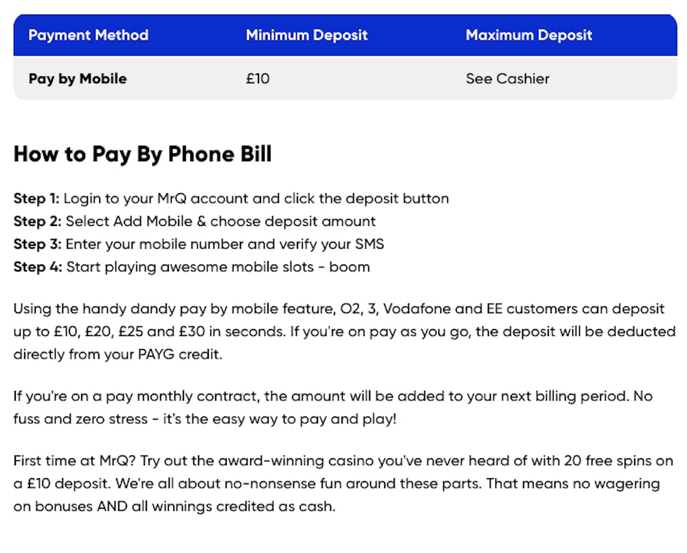Screenshot of MrQ Casino pay by mobile casino options and information