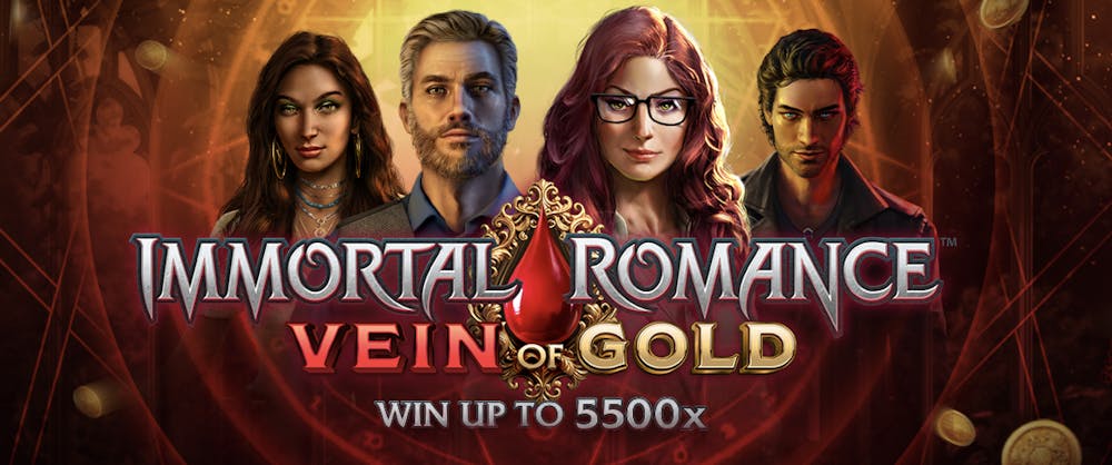 Immortal Romance Vein of Gold logo and characters on a red background