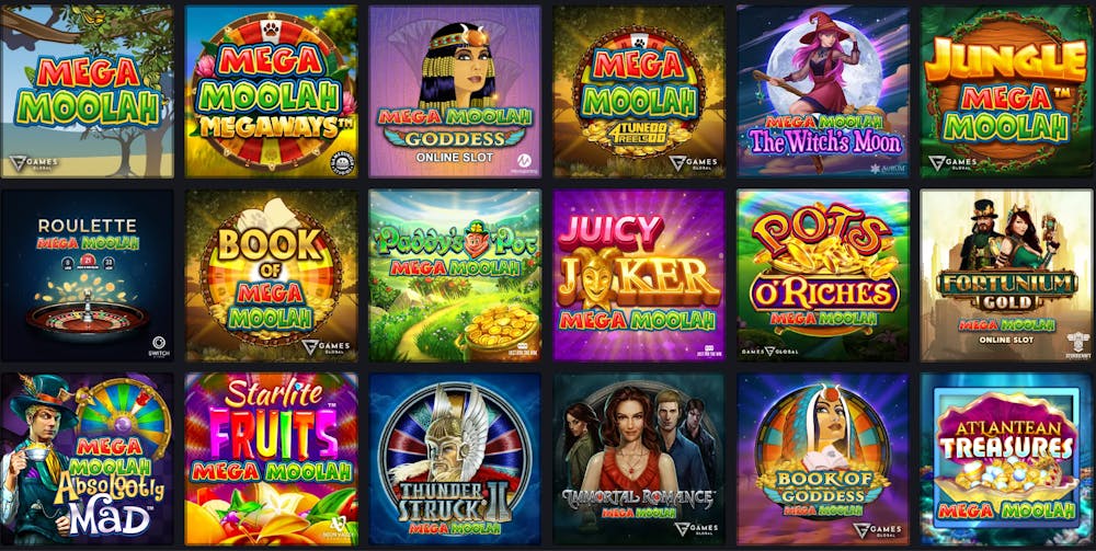 Lobby displaying a variety of Mega Moolah jackpot titles from Microgaming
