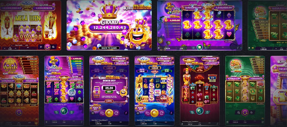 Lobby showing Microgaming King Million jackpot slot titles