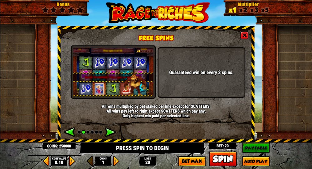 Pay table of Rage to Riches online slot