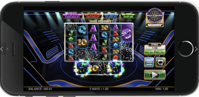 iPhone device displaying Who Wants to be a Millionaire Megapays game from BGT