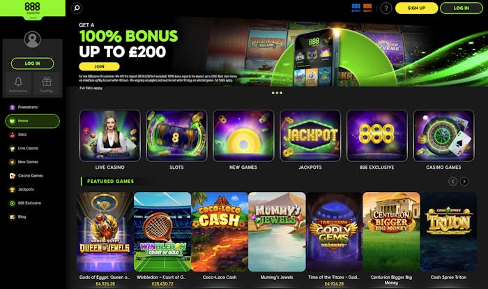 The main lobby at 888casino shows the new player offer of 100% up to £200