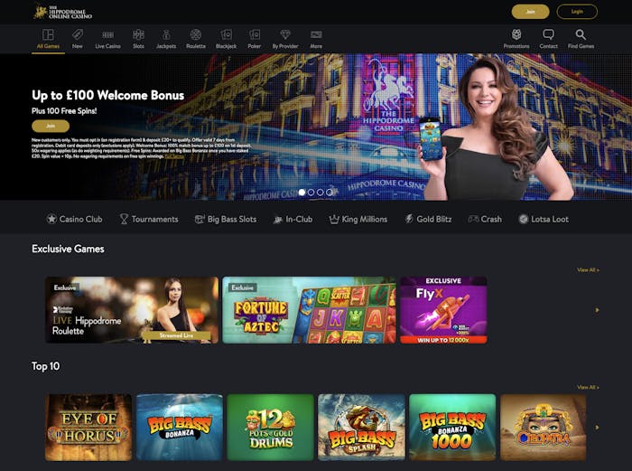 The main lobby at Hippodrome Online Casino shows a section of top games and a 100% match-deposit bonus worth up to £100