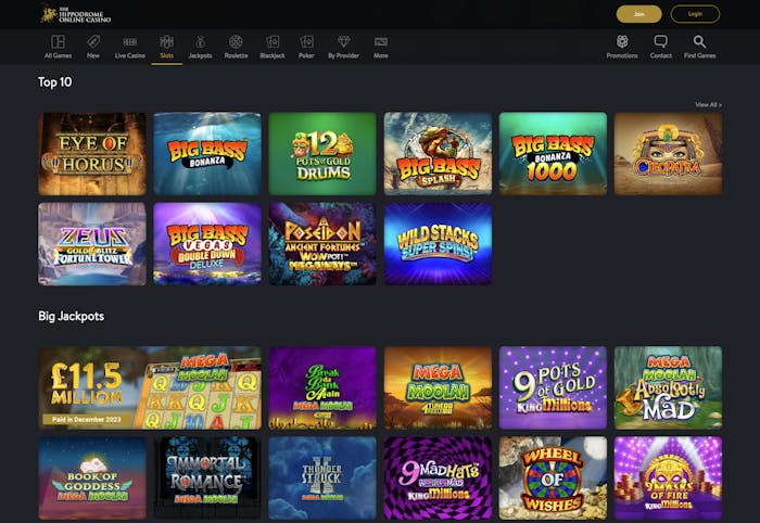 The slot games lobby at Hippodrome Casino Online shows sections for the Top 10 slots and Big Jackpots