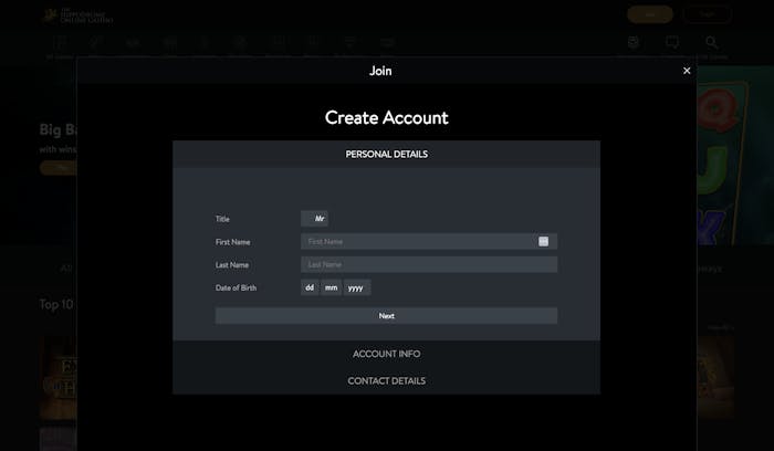 The Hippodrome Online Casino registration page is simple and straightforward