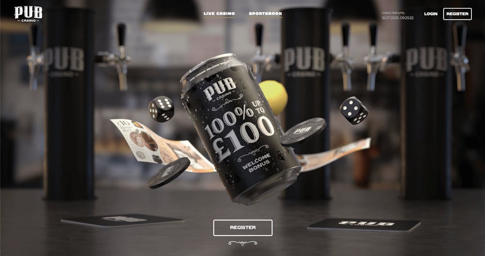 The main lobby at Pub Casino in the UK shows a beer can with the 100% up to £100 welcome bonus on the front