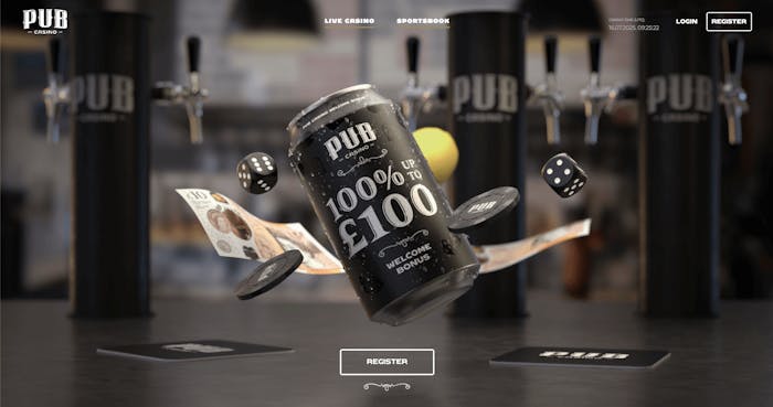 The main lobby at Pub Casino in the UK shows a beer can with the 100% up to £100 welcome bonus on the front