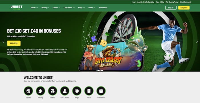 The main lobby at Unibet Casino and Sportsbook shows the Bet £10, Get £40 in Bonuses promotion for new UK players