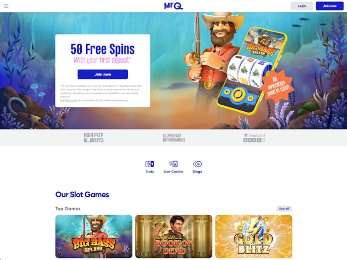 The main lobby at MrQ Casino shows that new players can get 50 free spins on their first deposit