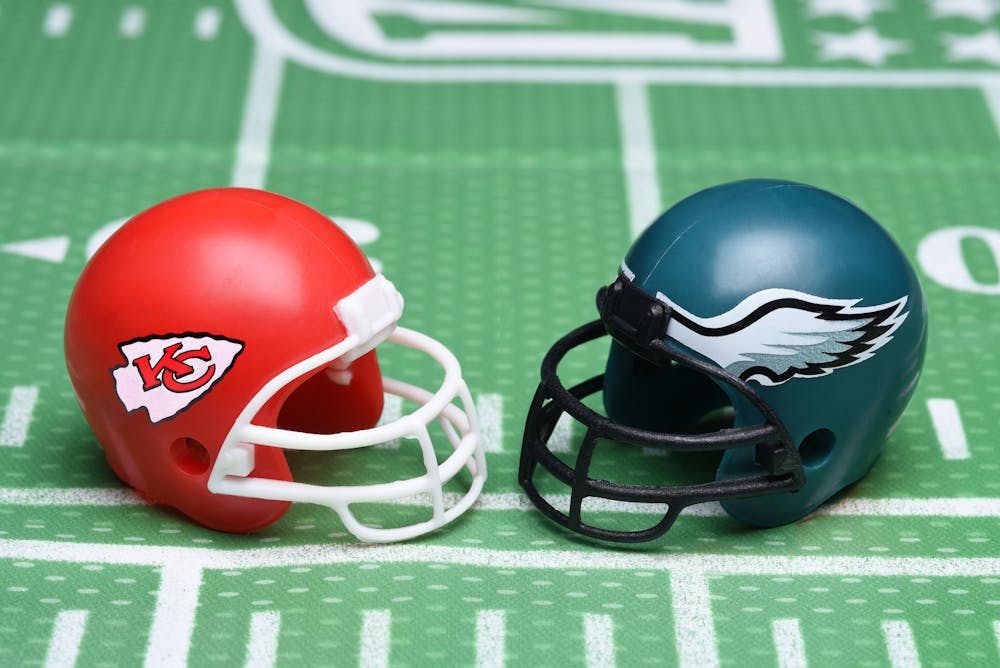 The helmets of the Kansas City Chiefs and the Philadelphia Eagles are ready to face off in Super Bowl Sunday
