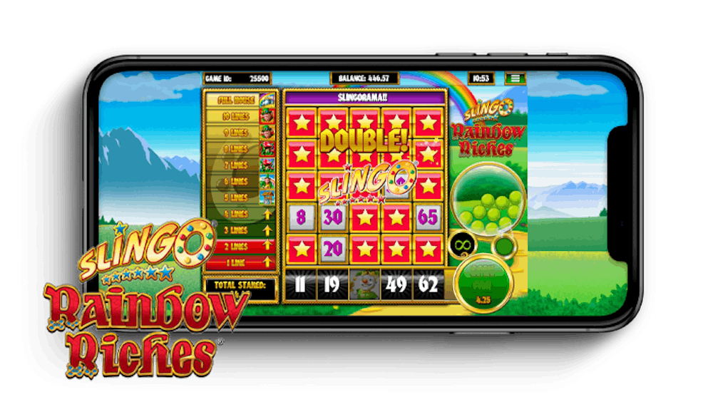 Slingo Rainbow Riches game being played on a mobile device