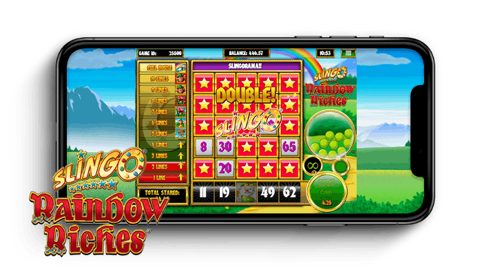 Slingo Rainbow Riches game being played on a mobile device