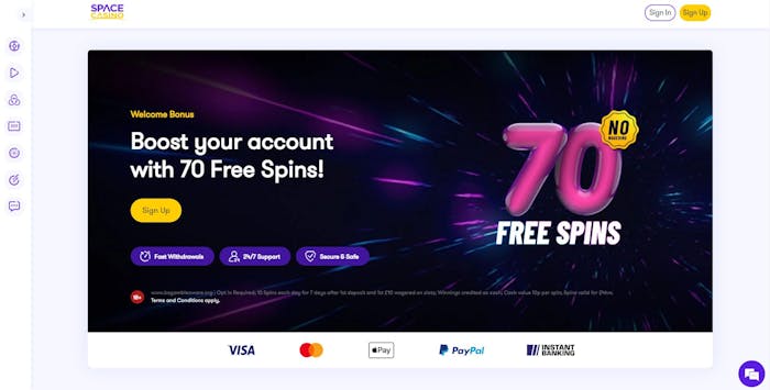 When entering Space Casino for the first time, you'll see the welcome bonus offer of 70 free spins