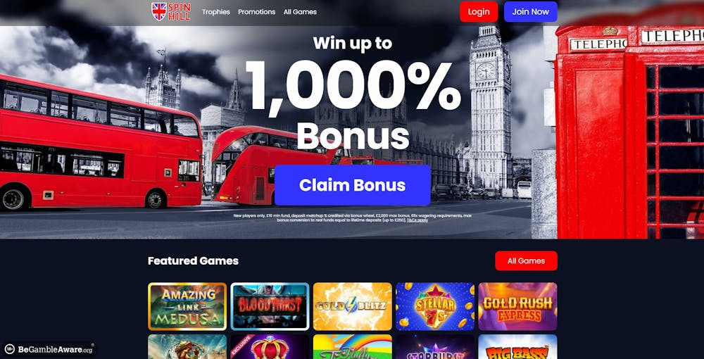 The main Spin Hill Casino lobby shows that UK players can claim an astonishing 1000% welcome bonus