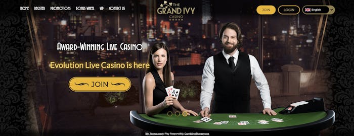 The main lobby at The Grand Ivy Casino shows all the promotions available to new players in the UK