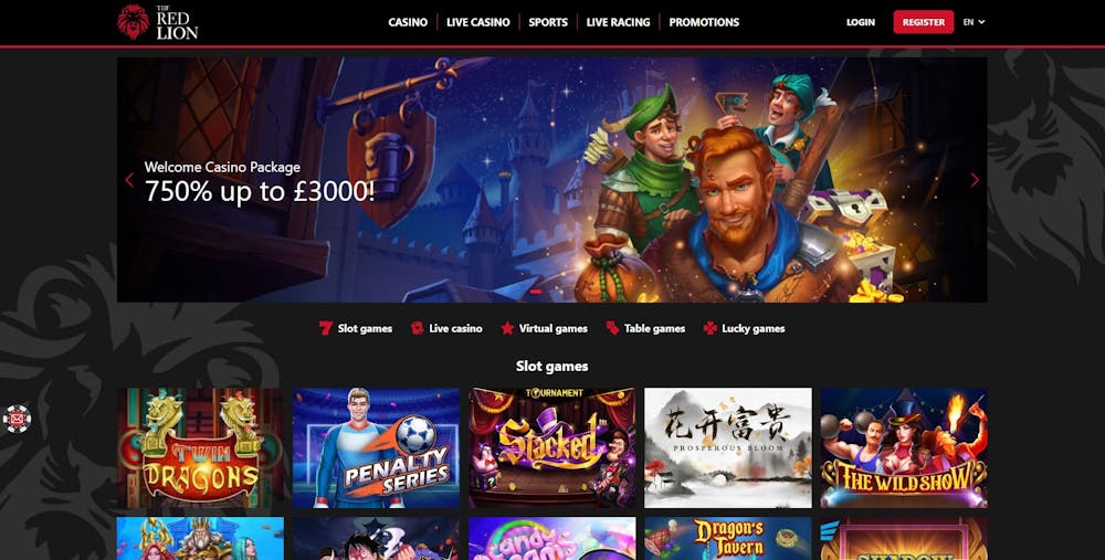 Red Lion Casino's main lobby shows that UK players can snag a 750% bonus worth up to £3,000