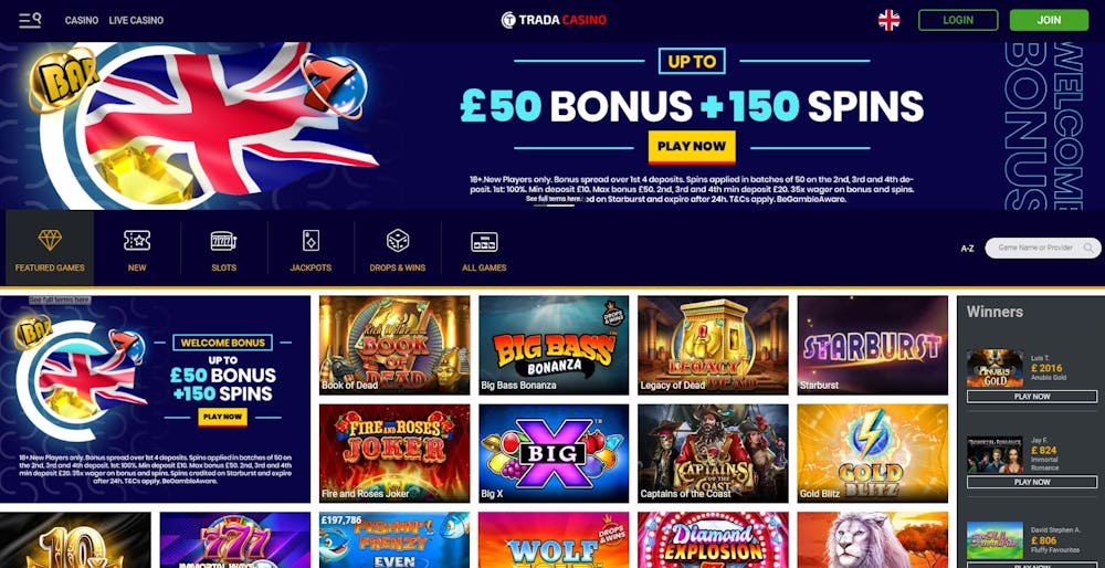 New players get a £50 bonus and 150 free spins at Trada Casino