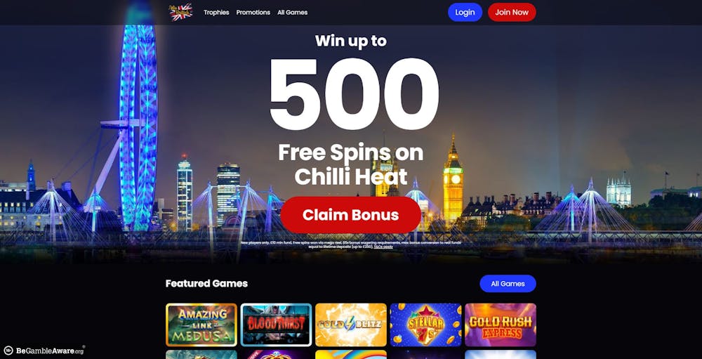 The Win British lobby shows new UK players can nab up to 500 free spins for the slot Chilli Heat